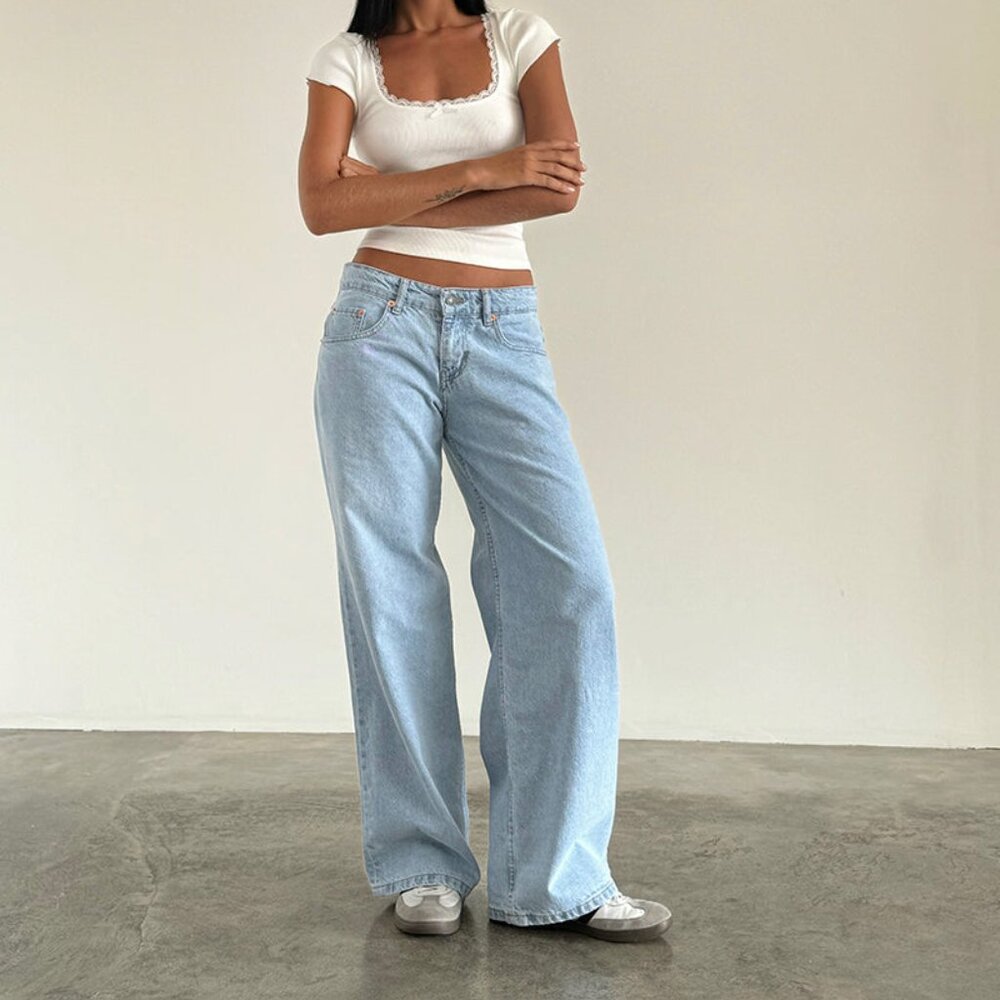 Motel Rocks Roomy Extra Wide Low Rise Jeans in Light Wash Blue W24 L30